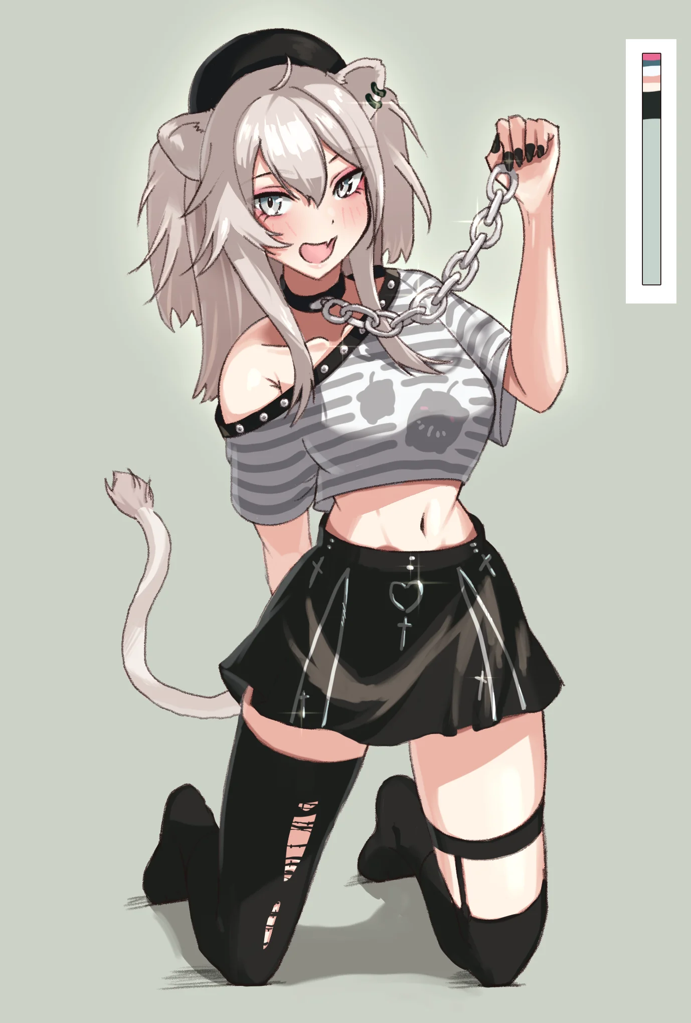 モノトーンの衣装で銀色の鎖を掲げる獅白ぼたんのファンアート